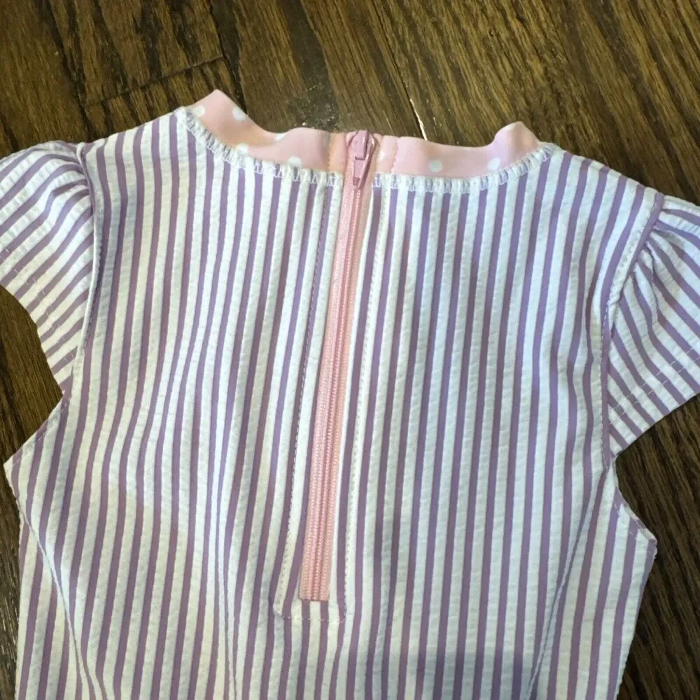EUC Girls RuffleButts Bathing‎ Suit Purple Stripe With Pink Bow Sz 12-18 Months